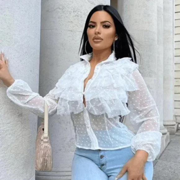 White Polka Dot Long Sleeve High Neck Ruffle Blouse Top - Picture 14 of 15